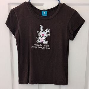 It's Happy Bunny Brown Short Sleeve Tee with Bunny Graphic